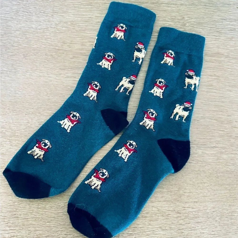 Pug Dog Teal Christmas Holiday Adult Fun Socks